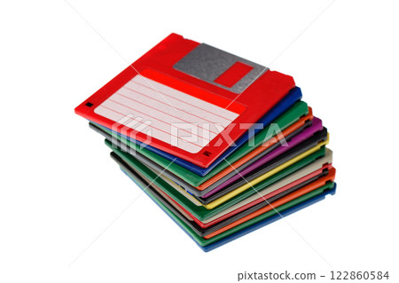 Vintage colored floppy disks Isolated on white 122860584