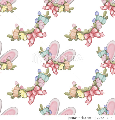 Seamless pattern on the theme of Easter, spring. cute Easter bunny and with flowers. Easter Eggs, pastel colors design hand drawn on transparent background. Seamless pattern on the theme of Easter, spring. cute Easter bunny and with flowers. Easter Eggs, pastel colors design hand drawn on transparent background. 122860722