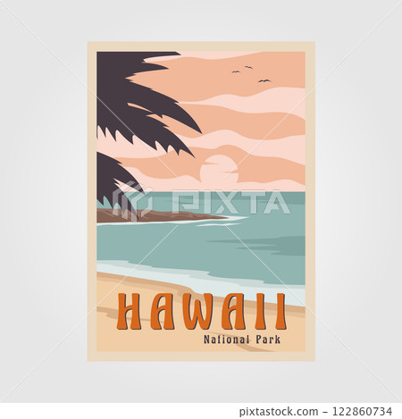 hawaii beach national park vintage poster vector illustration design, tropical ocean poster background illustration design 122860734