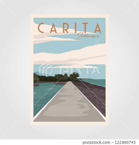 carita beach travel vintage poster vector illustration design, view at bintang laut resort carita indonesia 122860745
