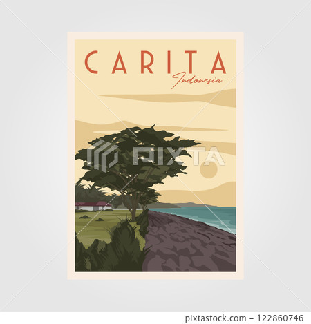 sunset at carita beach vintage travel poster vector illustration design, view at bintang laut resort 122860746