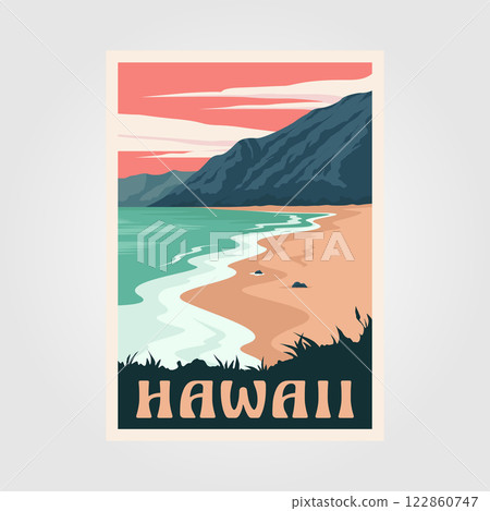 hawaii beach vintage poster art illustration design, adventure ocean poster 122860747