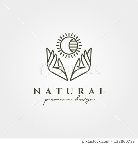 hand and sun beautiful bohermian logo vector line art symbol illustration design, beauty product minimal logo design 122860752
