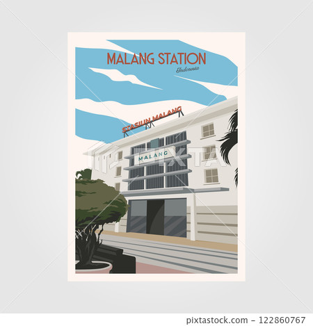 malang railway station travel poster vintage illustration design, malang classic architecture illustration 122860767