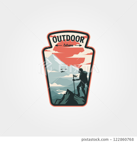 outdoor logo adventure vintage label patch illustration design, man hiking badge design 122860768
