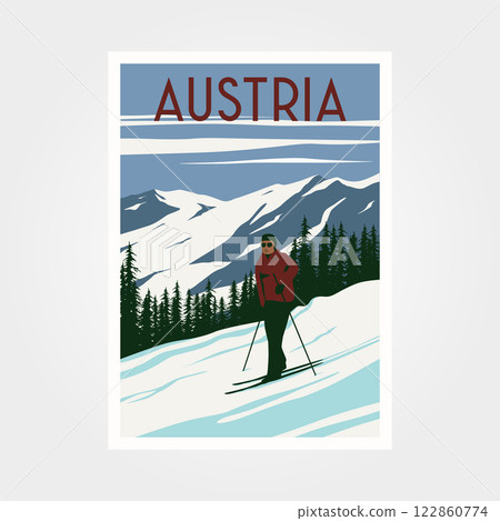 austria ski resort vintage poster travel illustration design 122860774