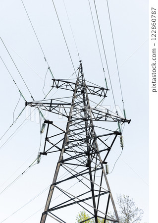 High-voltage power line support against the blue sky High-voltage power line support against the blue sky 122860787