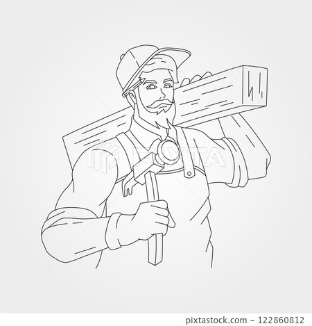 male carpenter on woodworking line art vector symbol illustration design, carpenter hold hammer and wood beam illustration 122860812