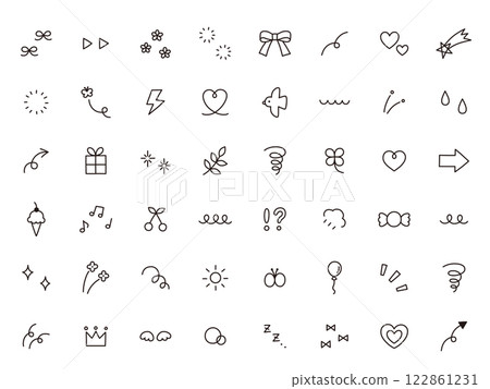 一組簡單的手繪圖圖示向量插圖。裝飾物，心形，簡單，星星，花朵，蝴蝶 122861231