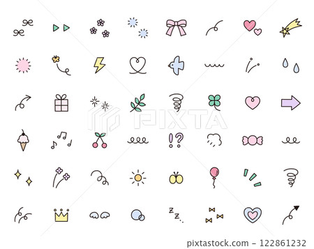 一組簡單的手繪圖圖示向量插圖。裝飾物，心形，簡單，星星，花朵，蝴蝶 122861232