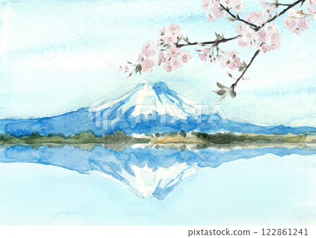 櫻花樹枝和白雪皚皚的倒置富士山的水彩插圖 [手繪] 帶複製空間 122861241