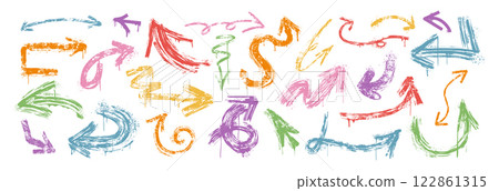 Hand drawn colored rough and thin arrows different shapes, brush stroke graffiti pointer design elements 122861315