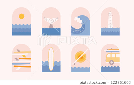 Retro summer, ocean, sea, surfing banner. Aesthetic marine frame for t short pattern, sticker, merch vector templates. Cute girly Surfboard. Retro summer, ocean, sea, surfing banner. Aesthetic marine frame for t short pattern, sticker, merch vector templates. Cute girly Surfboard. 122861603