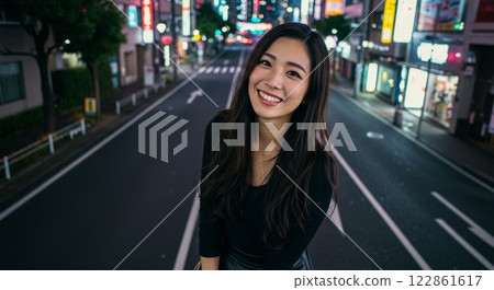 A woman smiling in a city with buildings at night 122861617