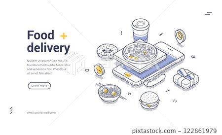 Delivery app concept featuring diverse food items and beverages arranged in a modern isometric web banner 122861979