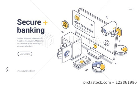 Secure online banking with digital elements and financial icons isometric line art web banner, landing page template 122861980