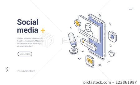 Creative design of isometric elements showcasing video chatting and social interaction on mobile devices 122861987