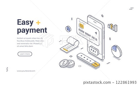 Modern mobile payment system illustrated in isometric line art design web banner 122861993