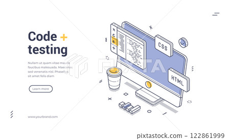 Code testing modern isometric line art web banner for web development 122861999