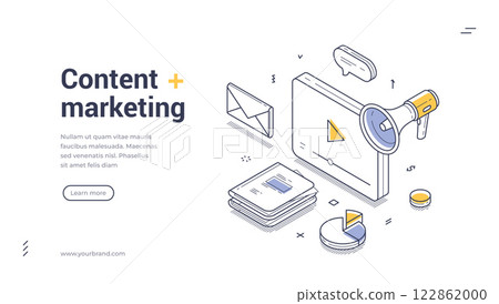 Digital content marketing tools and elements in a creative design web banner layout Digital content marketing tools and elements in a creative design web banner layout 122862000