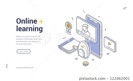 Online education and digital learning tools in a modern setting isometric line art web banner Online education and digital learning tools in a modern setting isometric line art web banner 122862001
