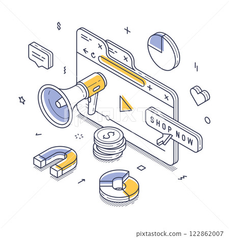 Digital marketing elements for online shopping and advertising isometric line art Digital marketing elements for online shopping and advertising isometric line art 122862007