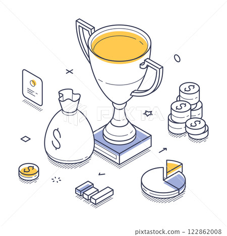 Trophy, financial elements and data visualizations highlighting success and achievement in business Trophy, financial elements and data visualizations highlighting success and achievement in business 122862008
