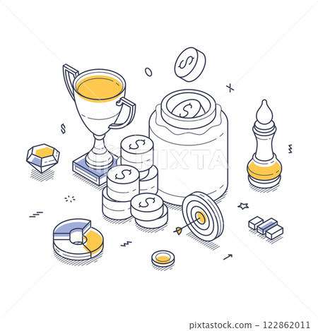 Business success strategies isometric line art illustrating budget savings and achievement concepts 122862011