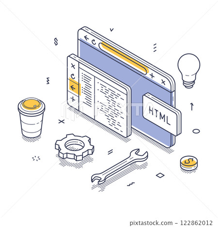 Web development elements featuring coding, tools, and icons isometric line art 122862012