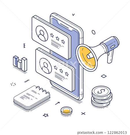 Online reviews and feedback mechanisms with a smartphone and a megaphone isometric line art Online reviews and feedback mechanisms with a smartphone and a megaphone isometric line art 122862013