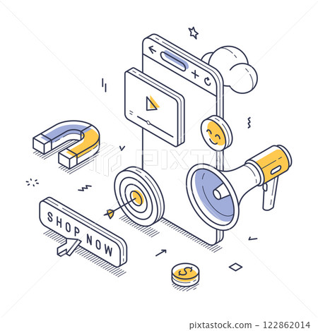 Creative isometric line art vector illustration for mobile video advertising and target marketing 122862014