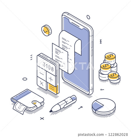 Financial management tools in isometric line art representation for modern budgeting 122862028