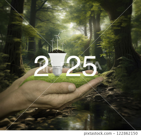 Happy new year 2025 ecology saving power and energy concept, Generative AI 122862150