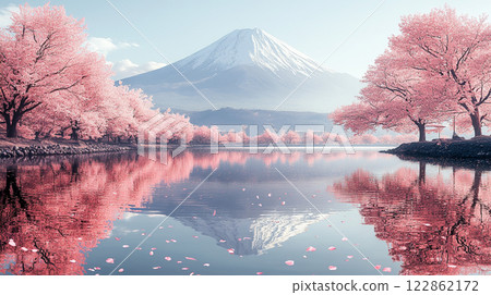 Spring scenery of Mount Fuji with cherry blossom petals falling 122862172