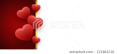 Romantic design background featuring spectacular red 3D hearts with gold border on red and white gradient background with space for text. 122862216
