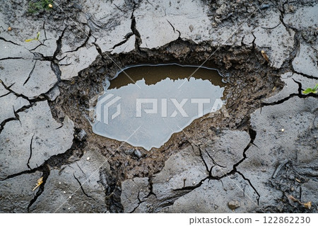 Puddle on through cracked mud. 122862230