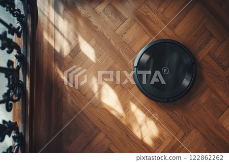 Robot vacuum cleaner on parket floor. 122862262