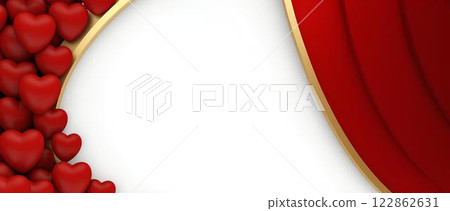 Romantic design background featuring spectacular red 3D hearts with gold elements on red and white gradient background with space for text. 122862631