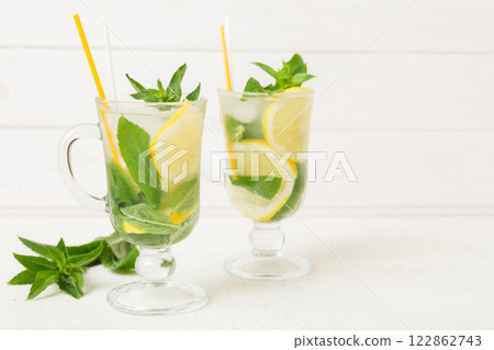 Mojito cocktail. Refreshing mojito cocktail with lime, lemon and mint in a tall glass with a stick Mojito cocktail. Refreshing mojito cocktail with lime, lemon and mint in a tall glass with a stick 122862743