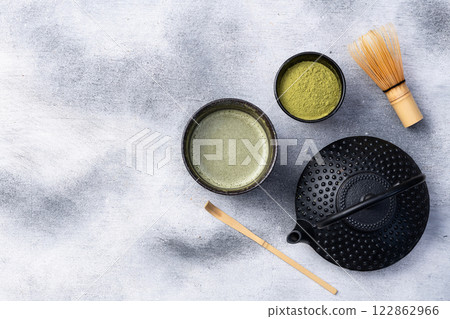 Japanese ceremony . Green powder tea matcha , healthy drink . Top view 122862966