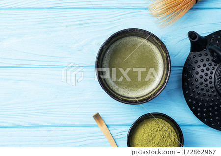 Japanese ceremony . Green powder tea matcha , healthy drink . Top view Japanese ceremony . Green powder tea matcha , healthy drink . Top view 122862967