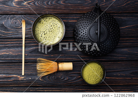 Japanese ceremony . Green powder tea matcha , healthy drink . Top view 122862968