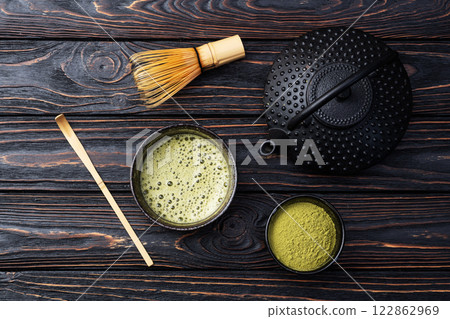 Japanese ceremony . Green powder tea matcha , healthy drink . Top view 122862969