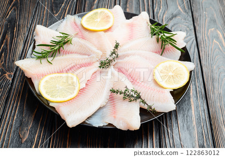 Raw tilapia fillet photography . Top view 122863012