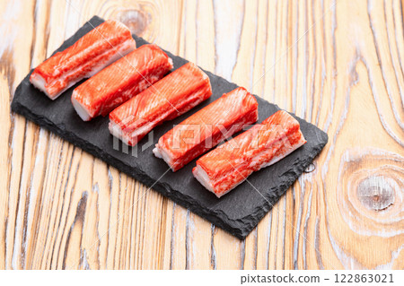 Crab sticks from fish surimi photography . Top view Crab sticks from fish surimi photography . Top view 122863021