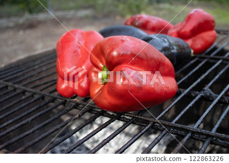 Roasted red pepper and eggplant to make the typical Catalan dish Escalivada 122863226