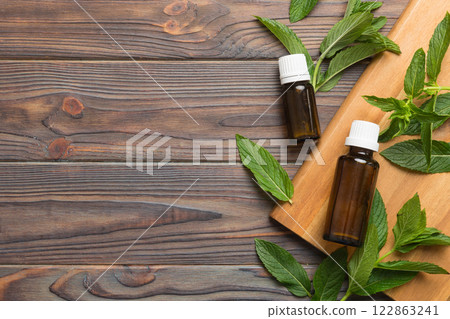 Natural Mint Essential Oil in a Glass Bottle. organic cosmetics with herbal extracts of mint on colored background 122863241