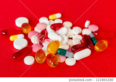 Many different colorful medication and pills perspective view. Set of many pills on colored background 122863280