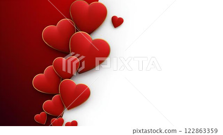 Romantic design background featuring spectacular red 3D hearts with gold border on red and white gradient background with space for text. Romantic design background featuring spectacular red 3D hearts with gold border on red and white gradient background with space for text. 122863359
