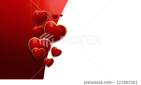 Romantic design background featuring spectacular red 3D hearts with gold border on red and white gradient background with space for text. 122863361